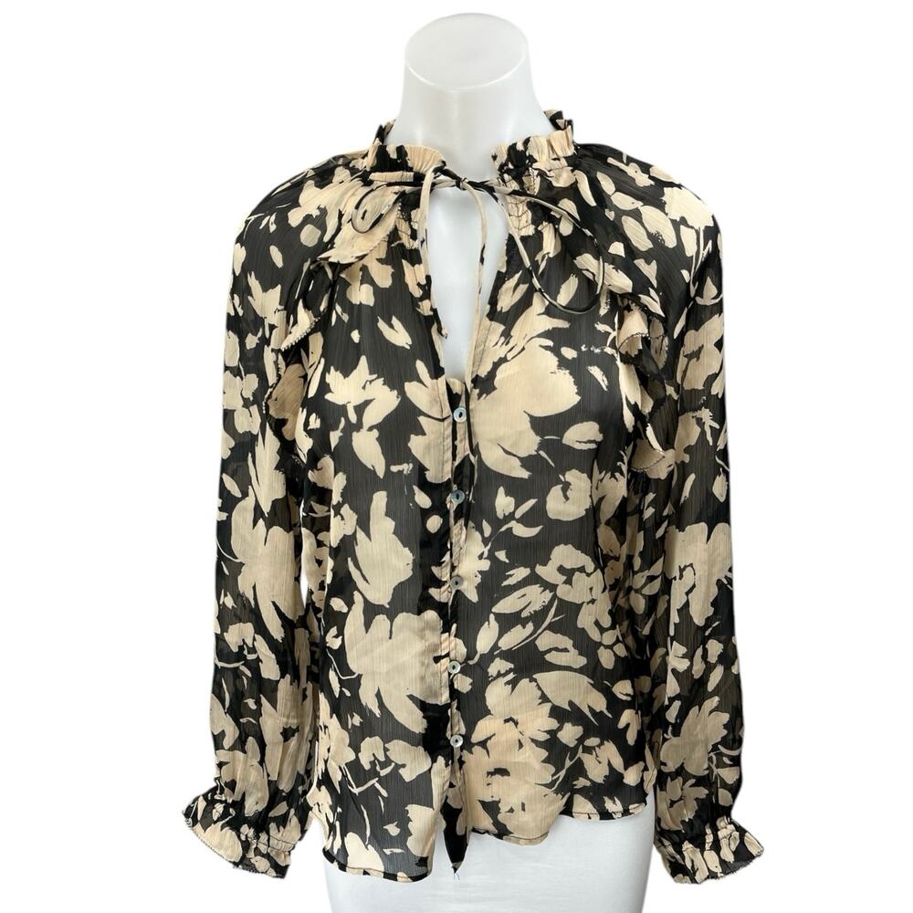 NEW MNG Black Beige Floral Ruffle Tie V Neck Button Down Blouse Top Size S